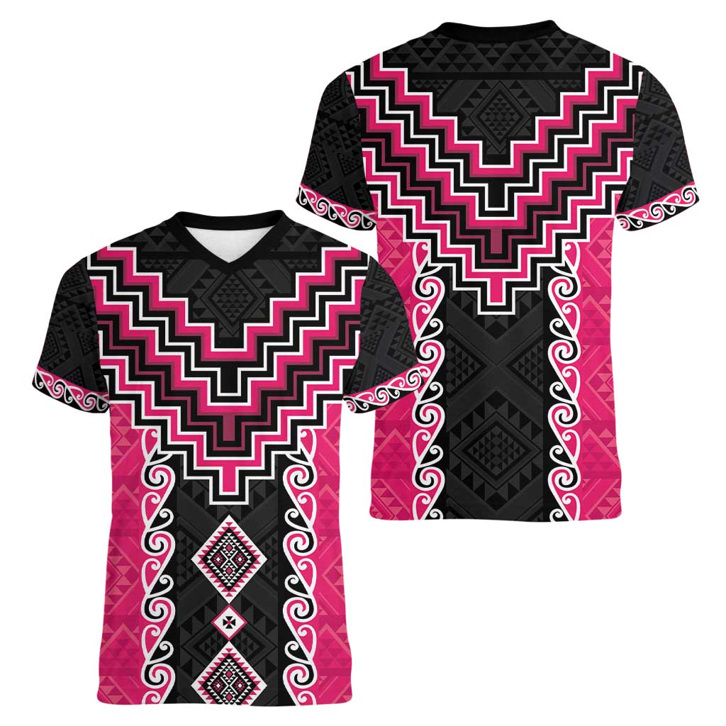 Pink Niho Taniwha Mix Poutama Women V-Neck T-Shirt Unique Taniko Aotearoa