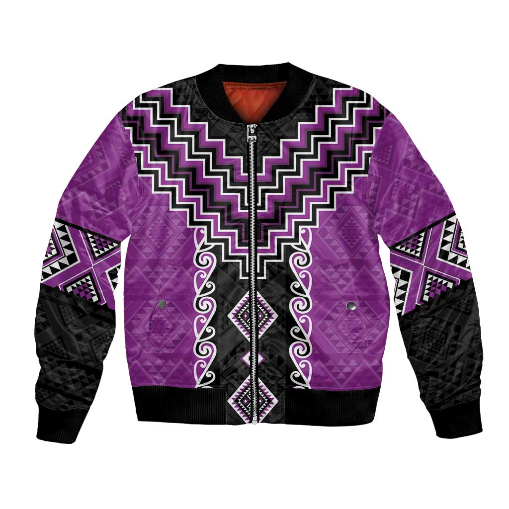 Purple Niho Taniwha Mix Poutama Bomber Jacket Unique Taniko Aotearoa LT01 Unisex Purple - Polynesian Pride