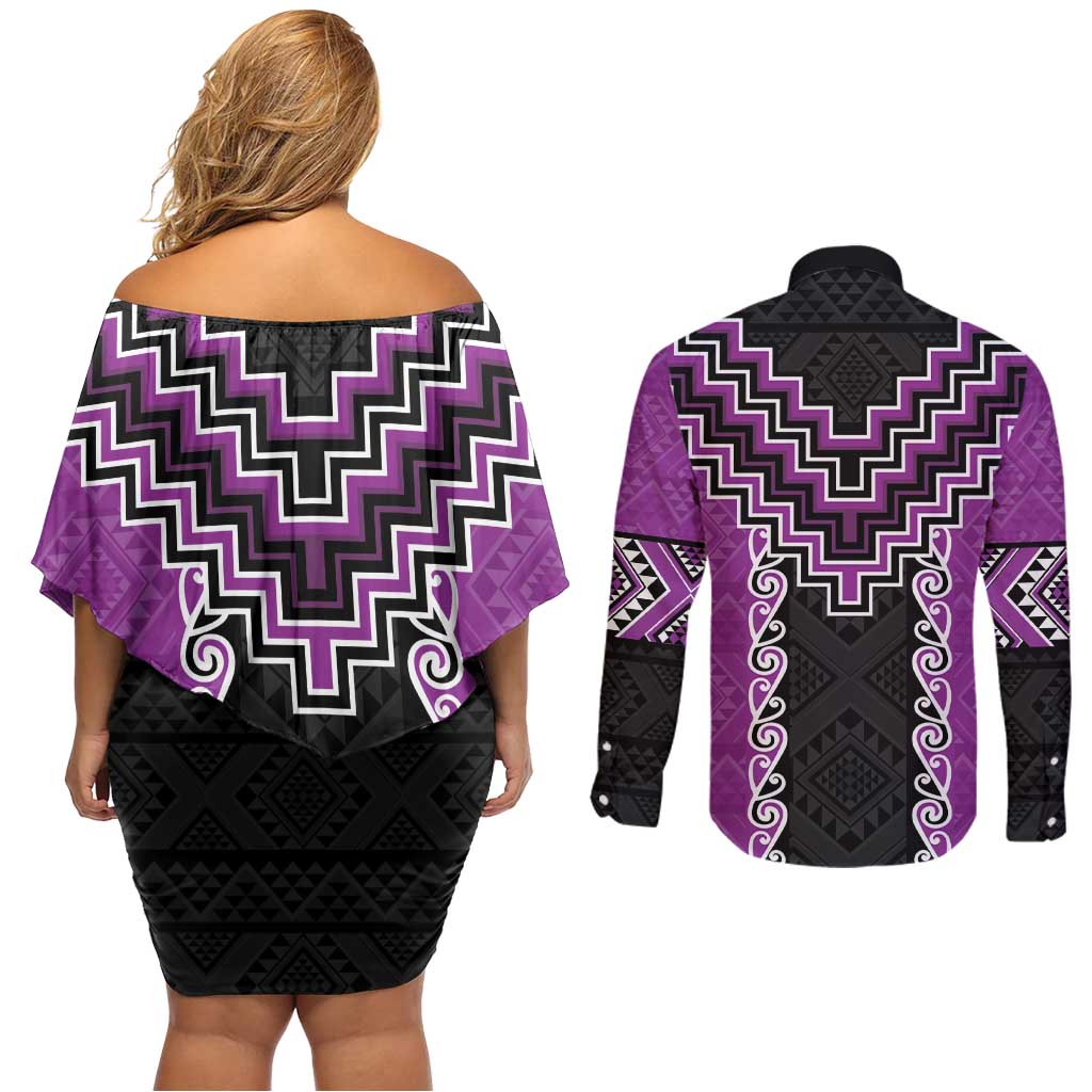 Purple Niho Taniwha Mix Poutama Couples Matching Off Shoulder Short Dress and Long Sleeve Button Shirt Unique Taniko Aotearoa
