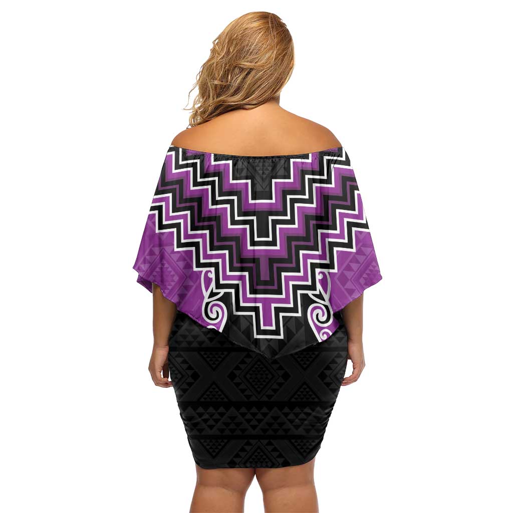 Purple Niho Taniwha Mix Poutama Family Matching Off Shoulder Short Dress and Hawaiian Shirt Unique Taniko Aotearoa