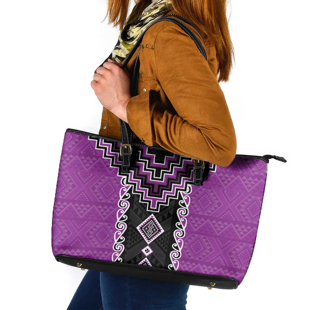 Purple Niho Taniwha Mix Poutama Leather Tote Bag Unique Taniko Aotearoa