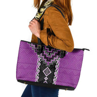 Purple Niho Taniwha Mix Poutama Leather Tote Bag Unique Taniko Aotearoa