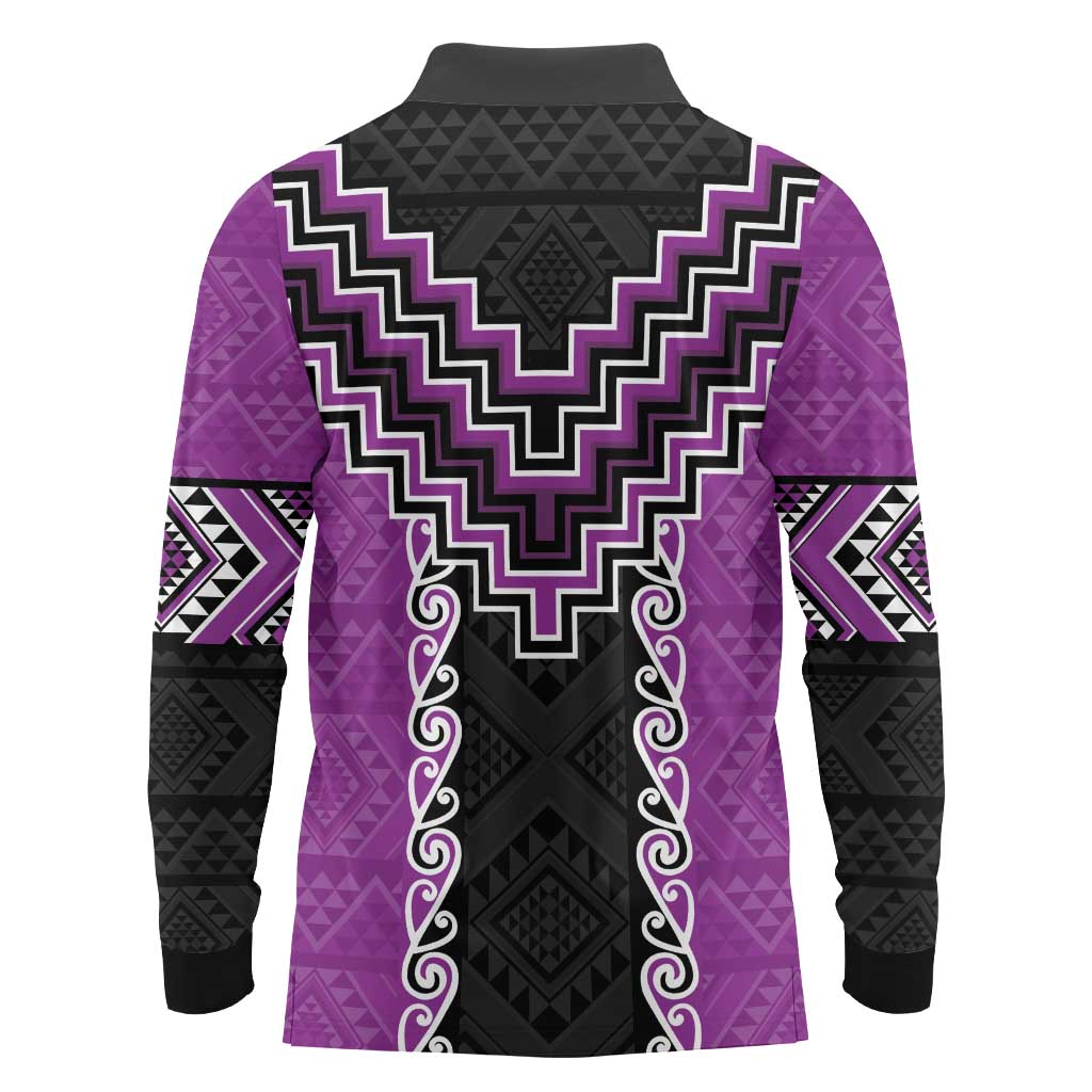 Purple Niho Taniwha Mix Poutama Long Sleeve Polo Shirt Unique Taniko Aotearoa