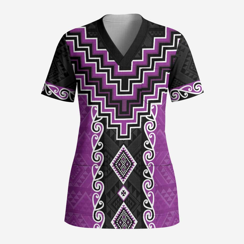 Purple Niho Taniwha Mix Poutama Scrub Top Unique Taniko Aotearoa - Polynesian Pride