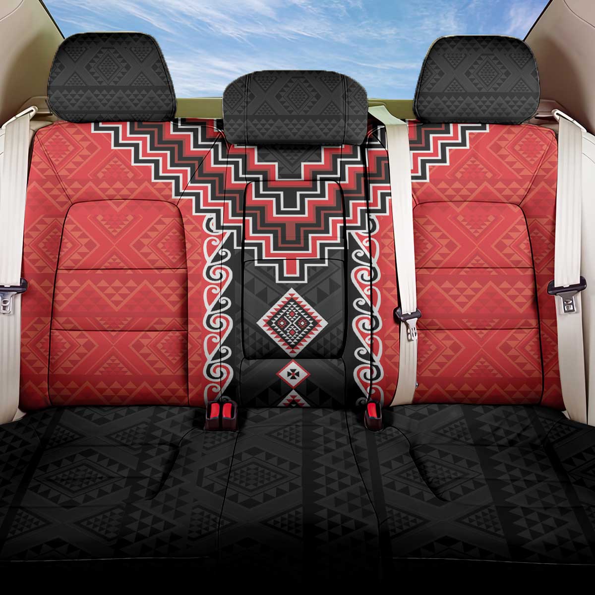 Red Niho Taniwha Mix Poutama Back Car Seat Cover Unique Taniko Aotearoa