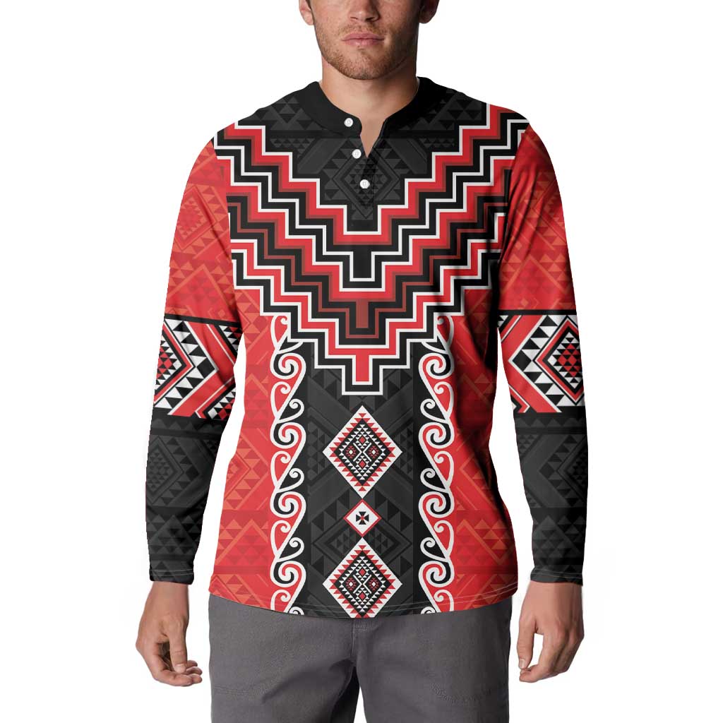 Red Niho Taniwha Mix Poutama Button Sweatshirt Unique Taniko Aotearoa LT01 - Polynesian Pride