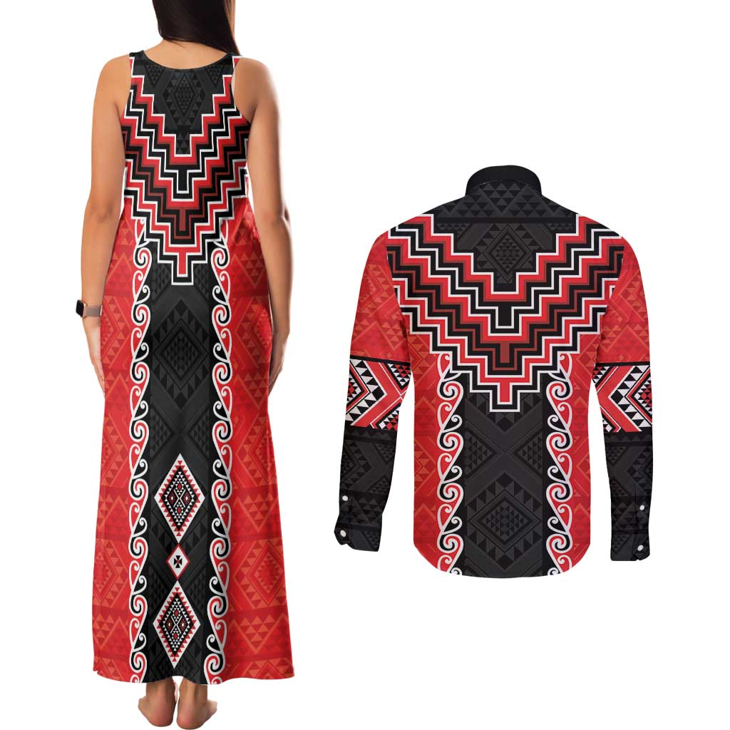 Red Niho Taniwha Mix Poutama Couples Matching Tank Maxi Dress and Long Sleeve Button Shirt Unique Taniko Aotearoa
