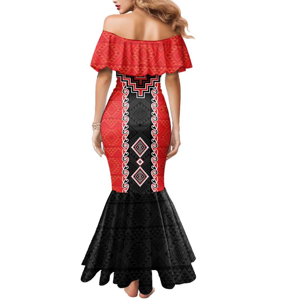 Red Niho Taniwha Mix Poutama Family Matching Mermaid Dress and Hawaiian Shirt Unique Taniko Aotearoa
