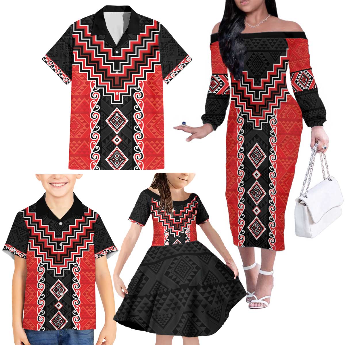 Red Niho Taniwha Mix Poutama Family Matching Off The Shoulder Long Sleeve Dress and Hawaiian Shirt Unique Taniko Aotearoa