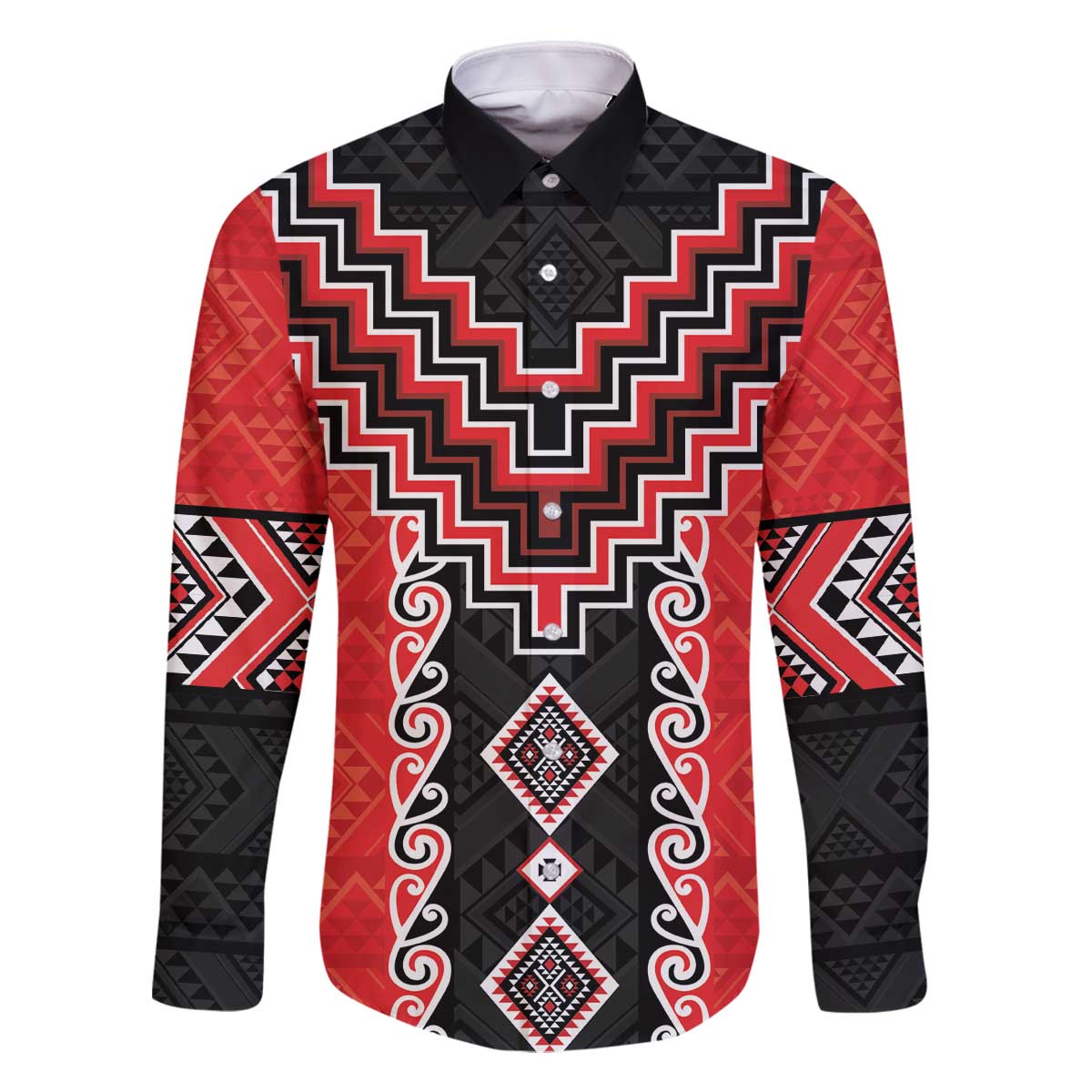 Red Niho Taniwha Mix Poutama Family Matching Off The Shoulder Long Sleeve Dress and Hawaiian Shirt Unique Taniko Aotearoa