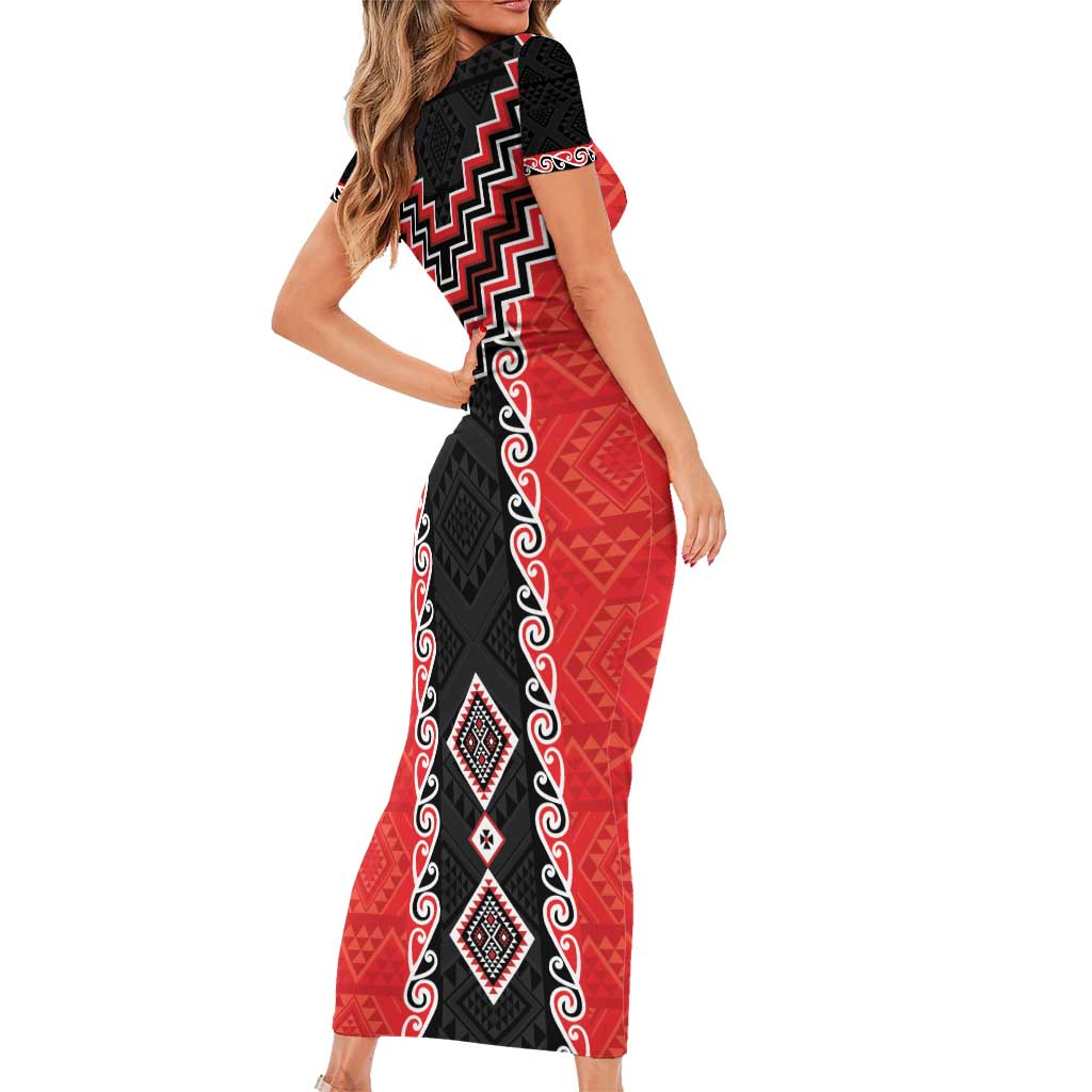 Red Niho Taniwha Mix Poutama Family Matching Short Sleeve Bodycon Dress and Hawaiian Shirt Unique Taniko Aotearoa