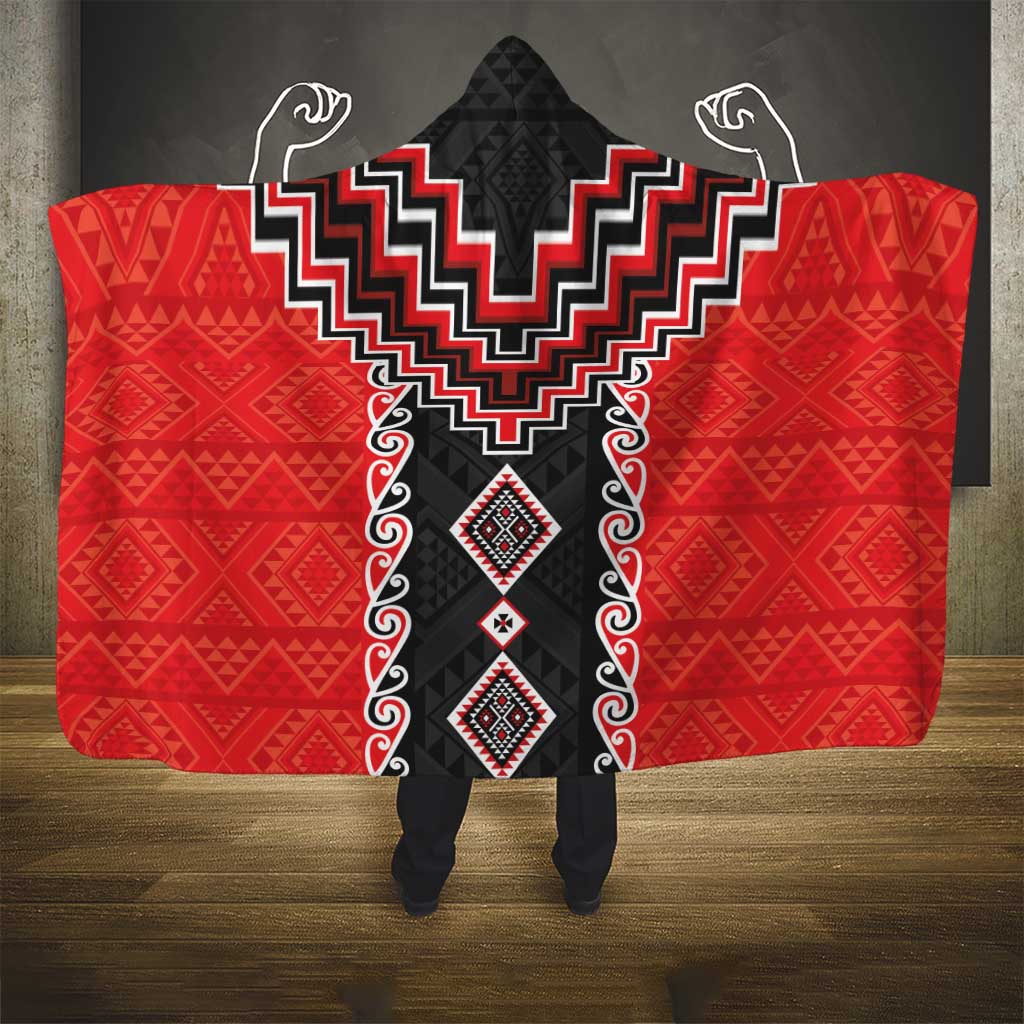 Red Niho Taniwha Mix Poutama Hooded Blanket Unique Taniko Aotearoa