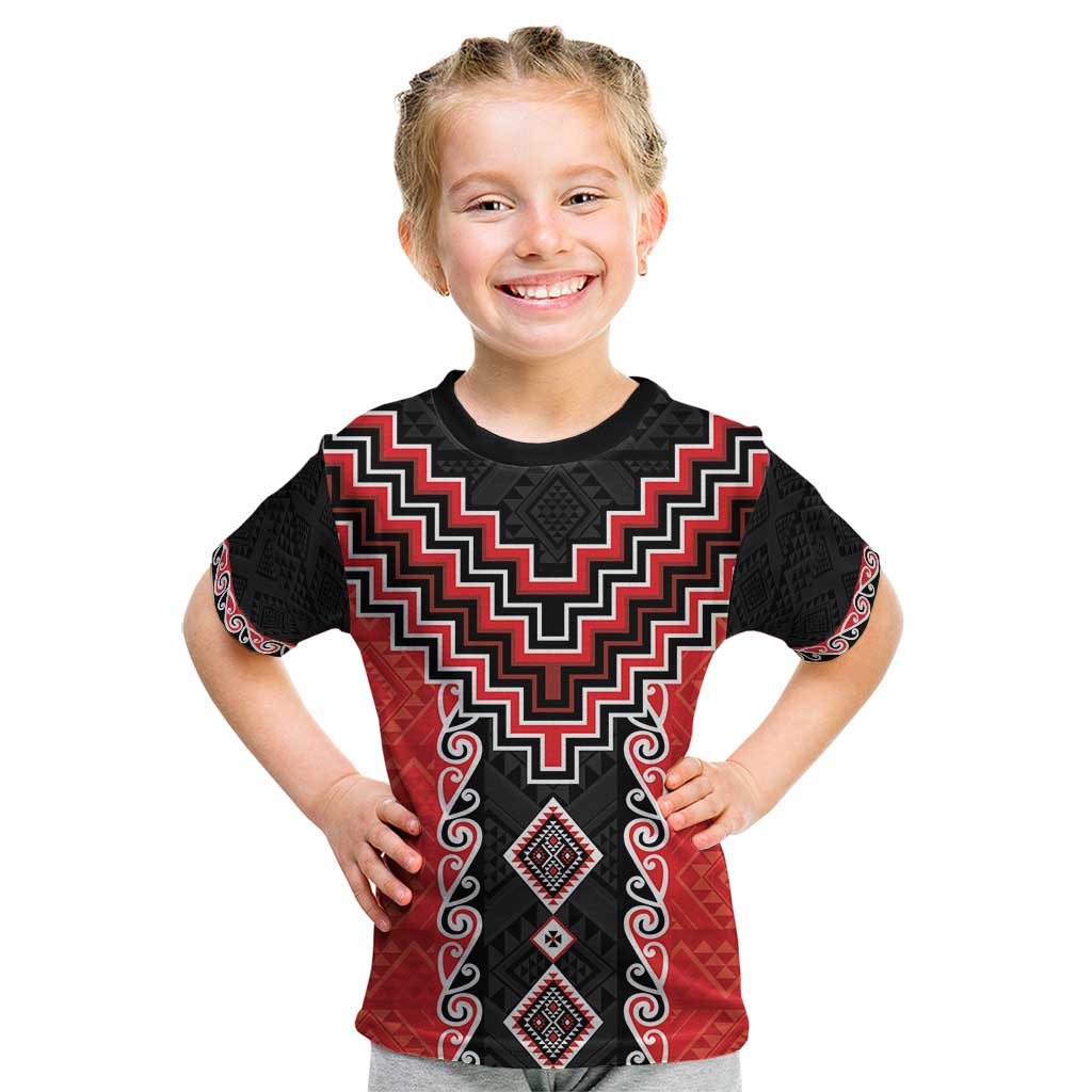 Red Niho Taniwha Mix Poutama Kid T Shirt Unique Taniko Aotearoa LT01 Red - Polynesian Pride