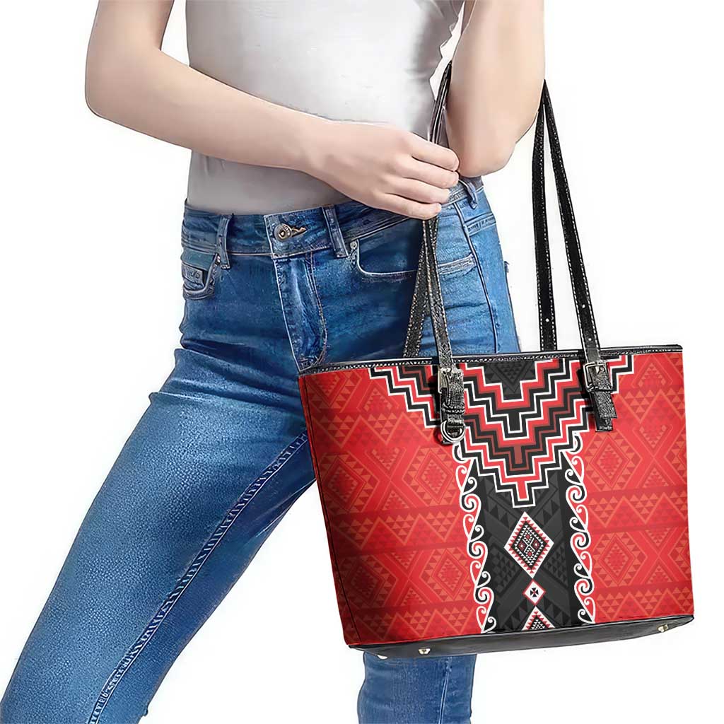 Red Niho Taniwha Mix Poutama Leather Tote Bag Unique Taniko Aotearoa