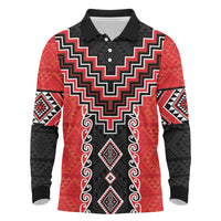 Red Niho Taniwha Mix Poutama Long Sleeve Polo Shirt Unique Taniko Aotearoa