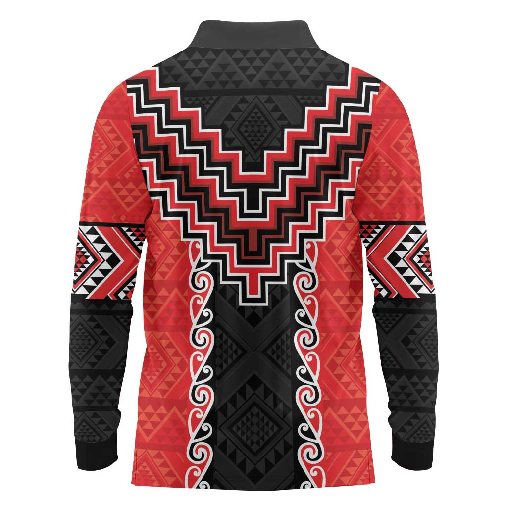 Red Niho Taniwha Mix Poutama Long Sleeve Polo Shirt Unique Taniko Aotearoa