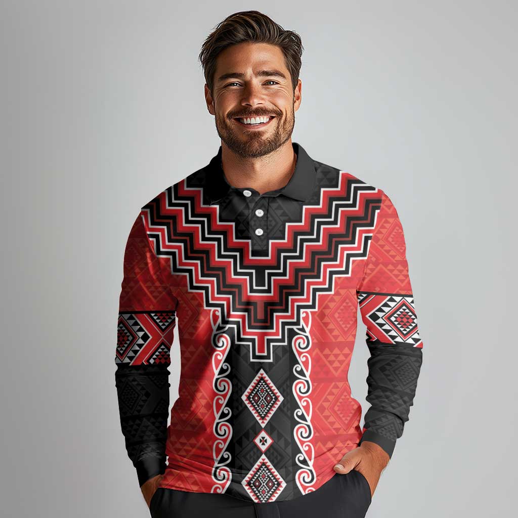 Red Niho Taniwha Mix Poutama Long Sleeve Polo Shirt Unique Taniko Aotearoa