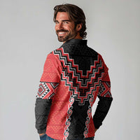 Red Niho Taniwha Mix Poutama Long Sleeve Polo Shirt Unique Taniko Aotearoa