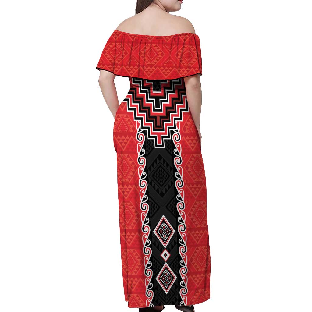 Red Niho Taniwha Mix Poutama Off Shoulder Maxi Dress Unique Taniko Aotearoa