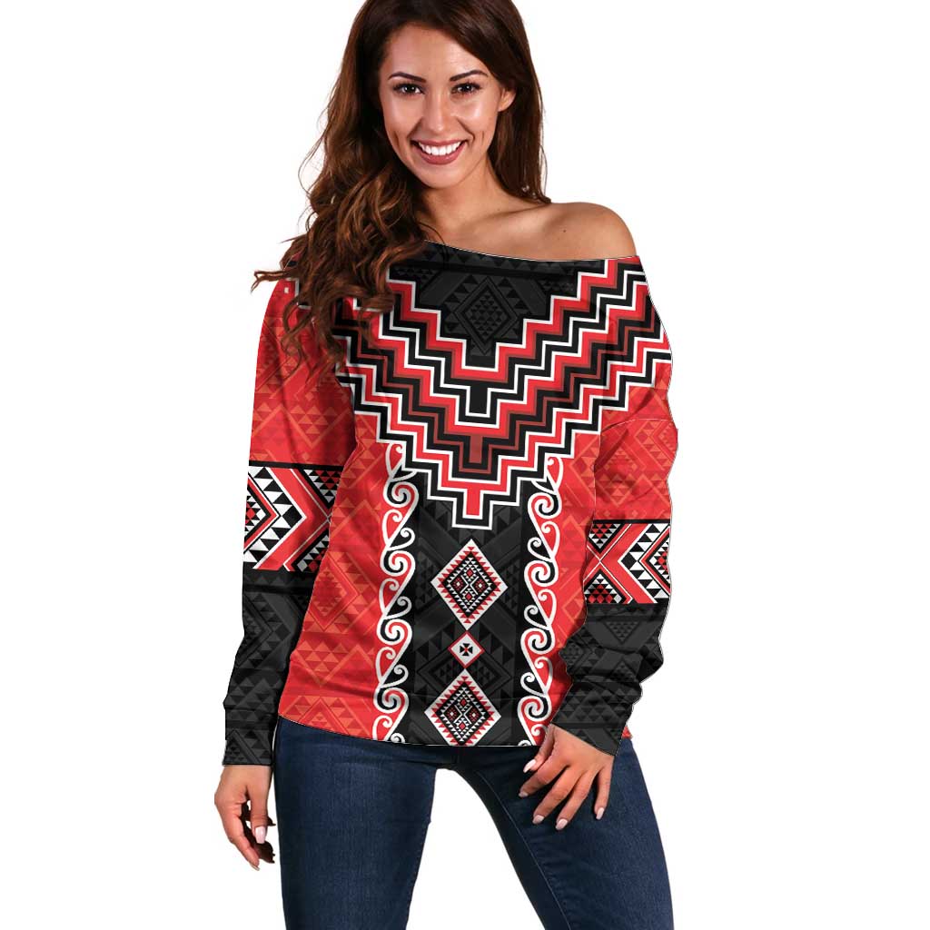 Red Niho Taniwha Mix Poutama Off Shoulder Sweater Unique Taniko Aotearoa LT01 Women Red - Polynesian Pride