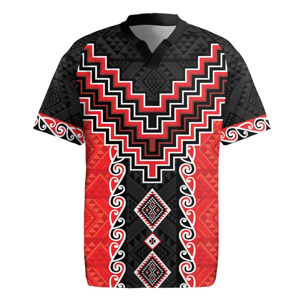 Red Niho Taniwha Mix Poutama Rugby Jersey Unique Taniko Aotearoa