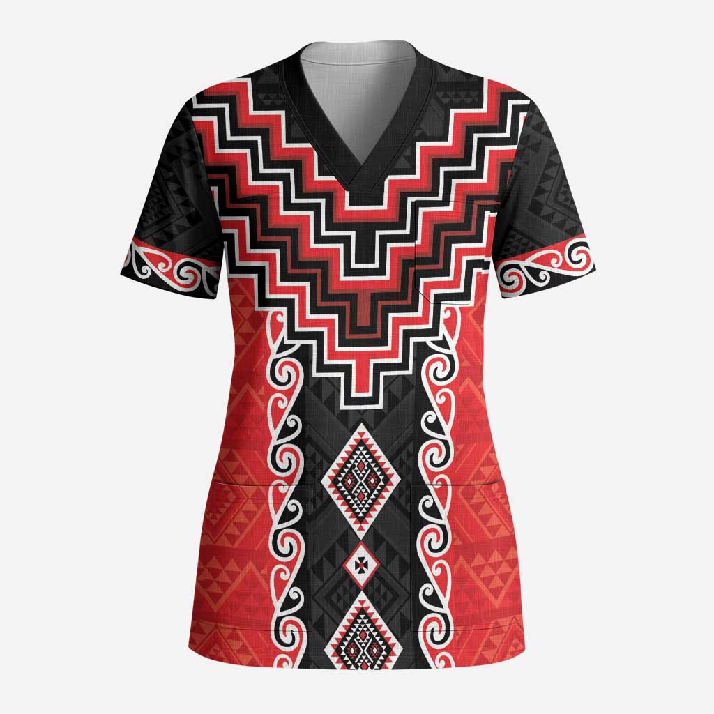 Red Niho Taniwha Mix Poutama Scrub Top Unique Taniko Aotearoa - Polynesian Pride