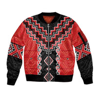 Red Niho Taniwha Mix Poutama Sleeve Zip Bomber Jacket Unique Taniko Aotearoa LT01 Unisex Red - Polynesian Pride