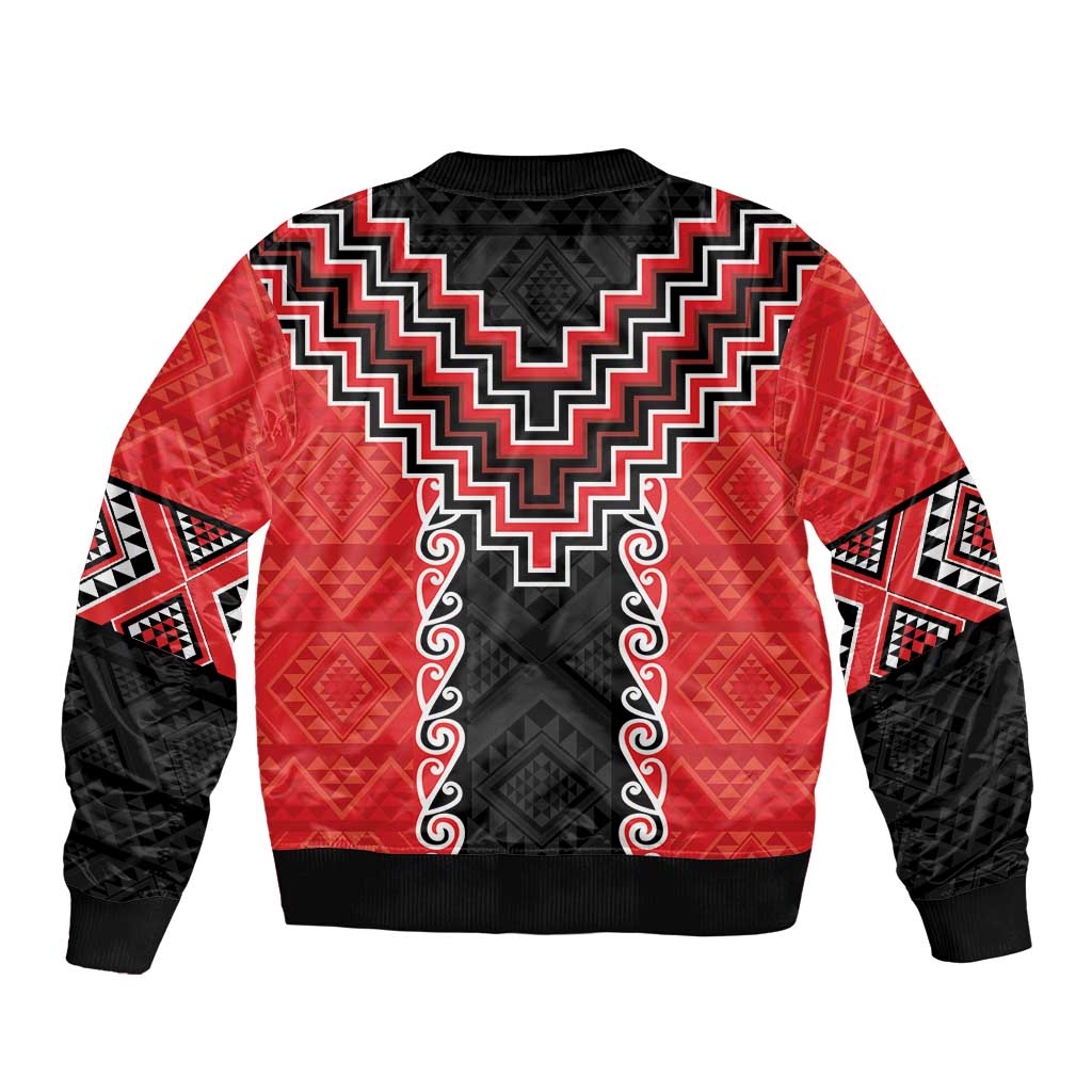 Red Niho Taniwha Mix Poutama Sleeve Zip Bomber Jacket Unique Taniko Aotearoa LT01 - Polynesian Pride