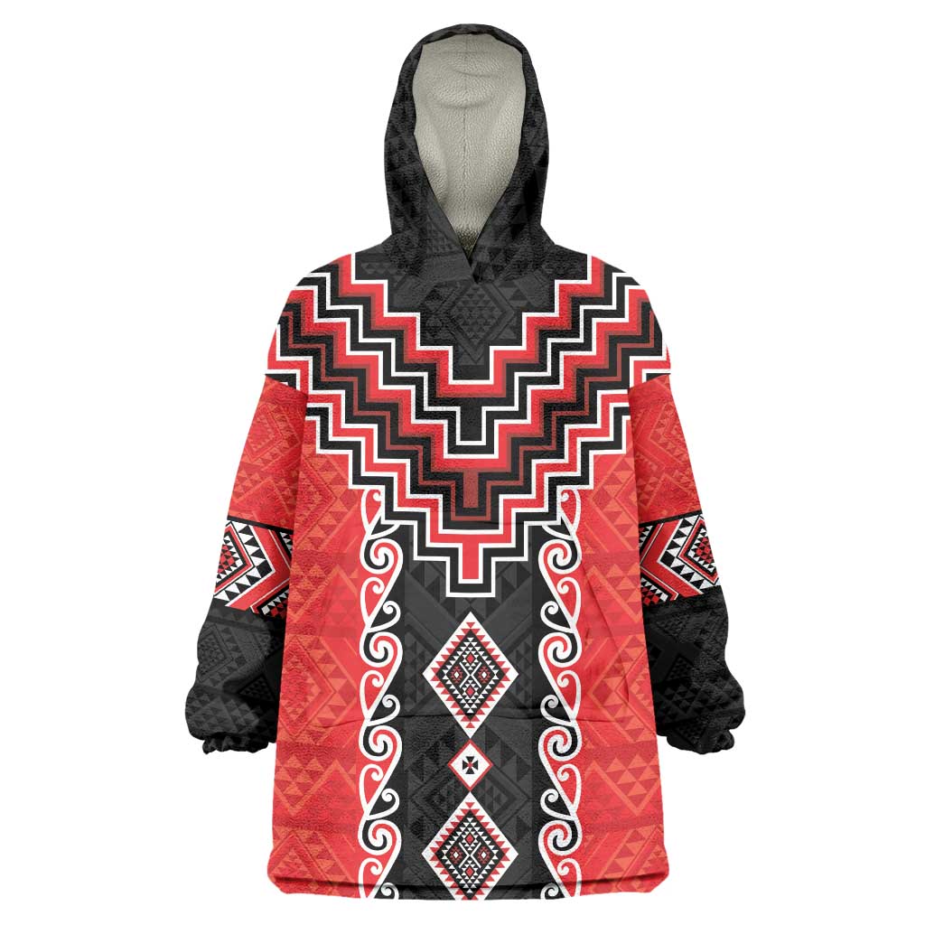 Red Niho Taniwha Mix Poutama Wearable Blanket Hoodie Unique Taniko Aotearoa LT01 One Size Red - Polynesian Pride