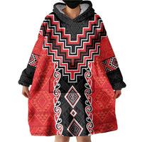 Red Niho Taniwha Mix Poutama Wearable Blanket Hoodie Unique Taniko Aotearoa