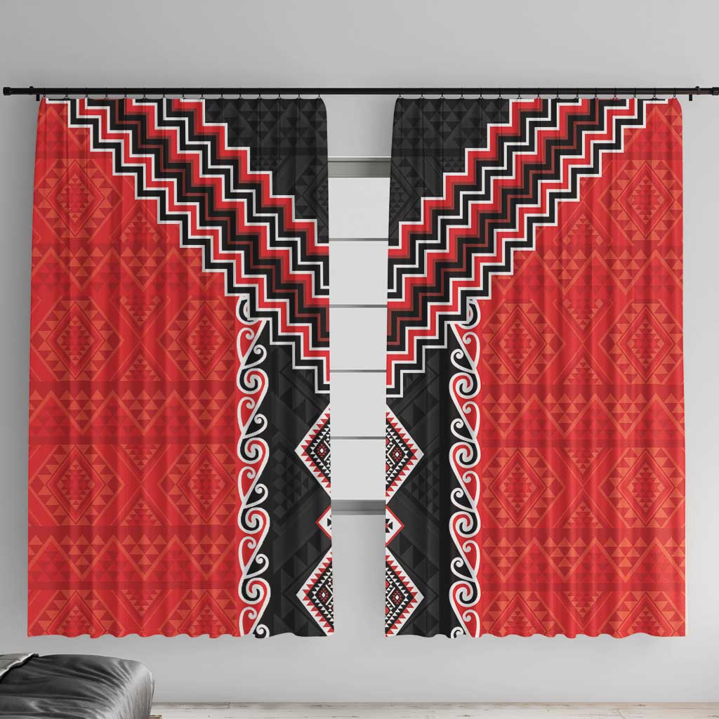 Red Niho Taniwha Mix Poutama Window Curtain Unique Taniko Aotearoa LT01 With Hooks Red - Polynesian Pride