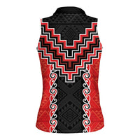 Red Niho Taniwha Mix Poutama Women Sleeveless Polo Shirt Unique Taniko Aotearoa