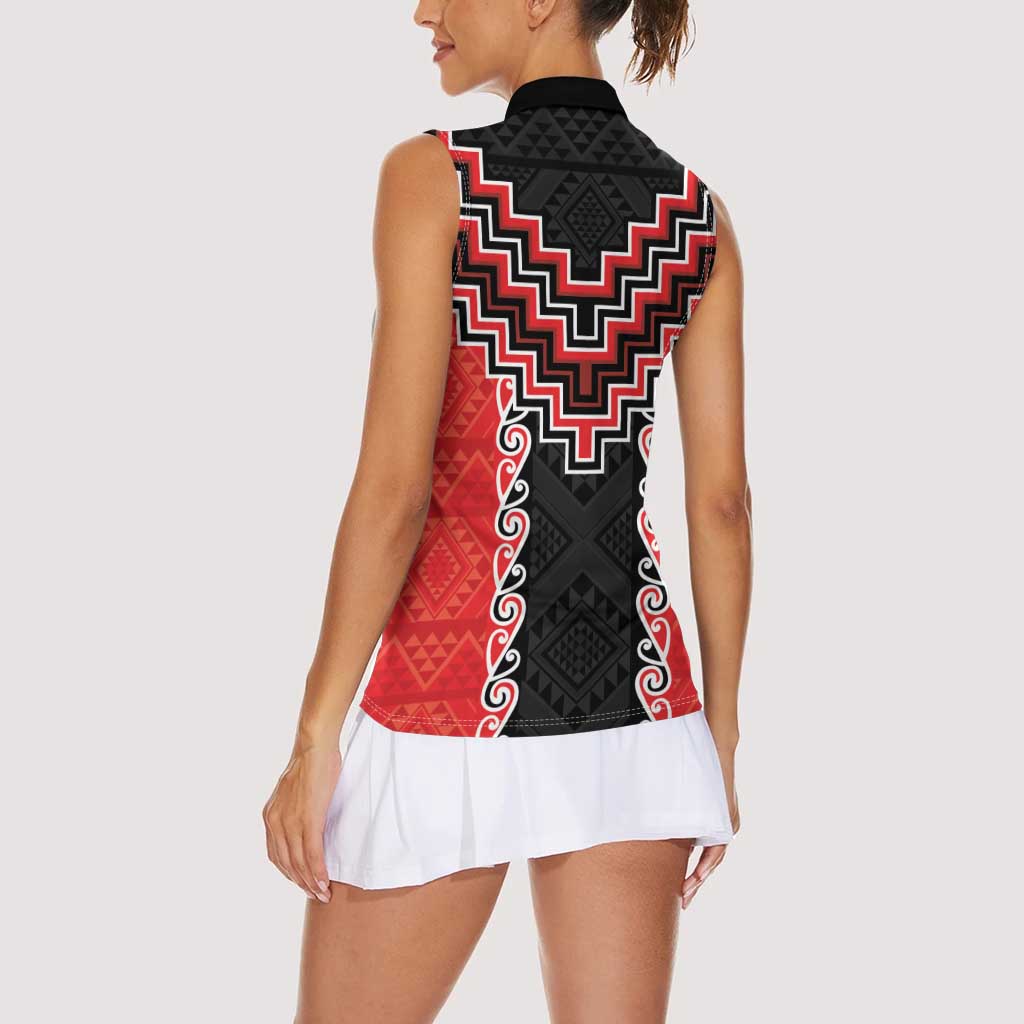 Red Niho Taniwha Mix Poutama Women Sleeveless Polo Shirt Unique Taniko Aotearoa
