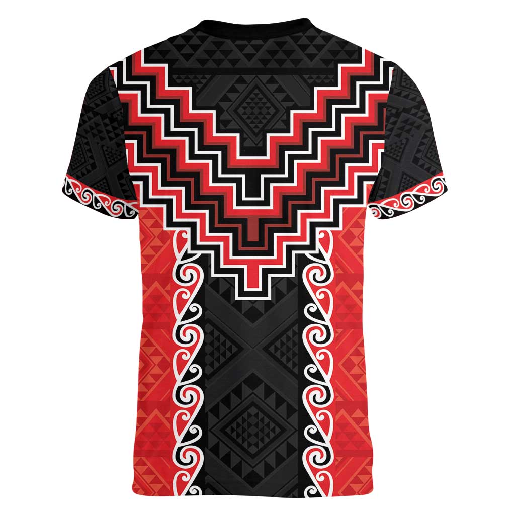 Red Niho Taniwha Mix Poutama Women V-Neck T-Shirt Unique Taniko Aotearoa