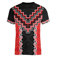Red Niho Taniwha Mix Poutama Women V-Neck T-Shirt Unique Taniko Aotearoa