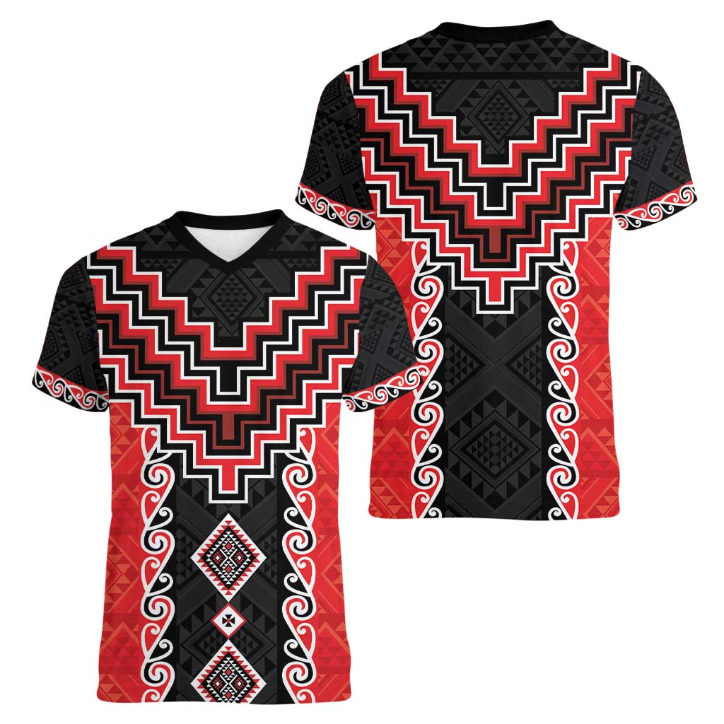 Red Niho Taniwha Mix Poutama Women V-Neck T-Shirt Unique Taniko Aotearoa