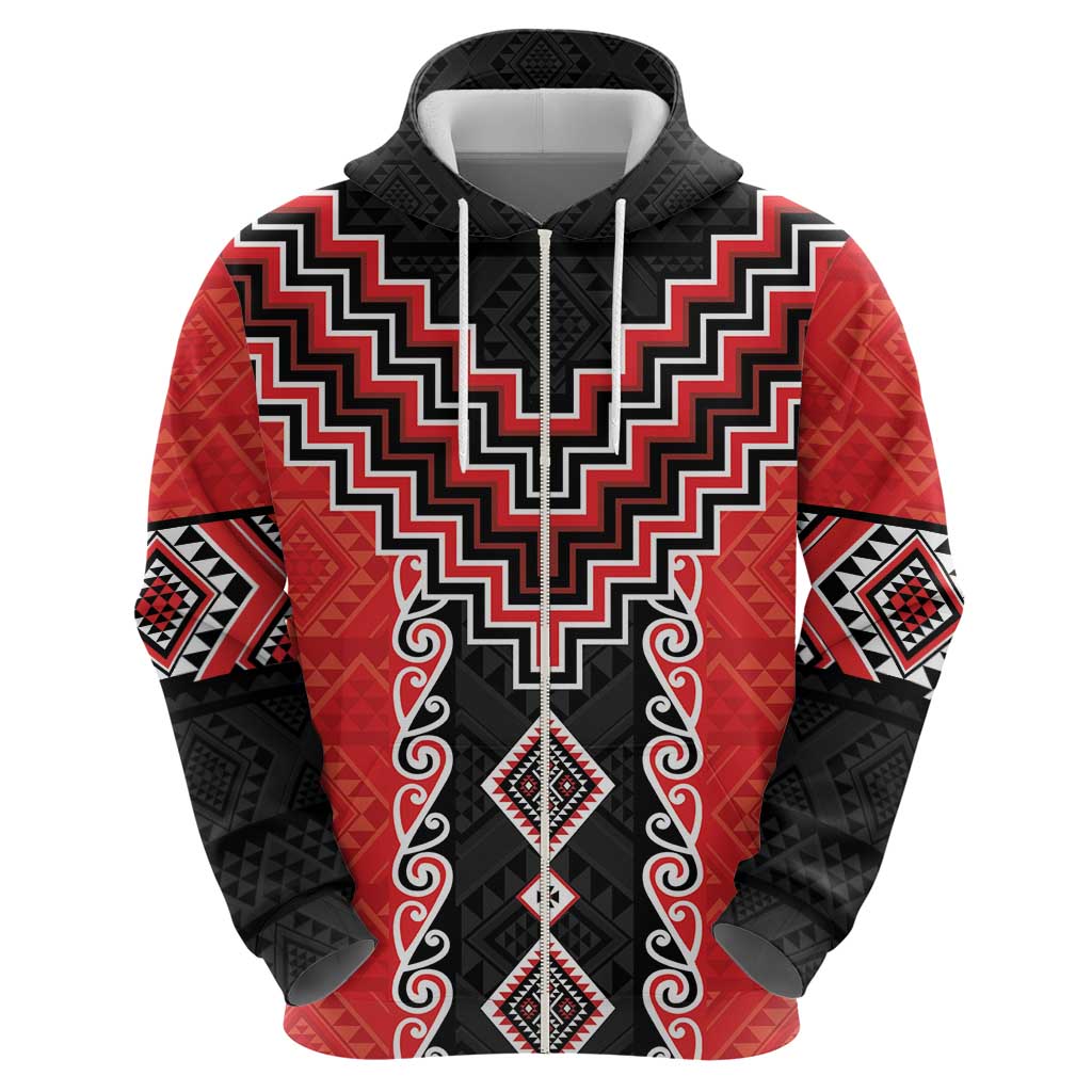 Red Niho Taniwha Mix Poutama Zip Hoodie Unique Taniko Aotearoa LT01 - Polynesian Pride