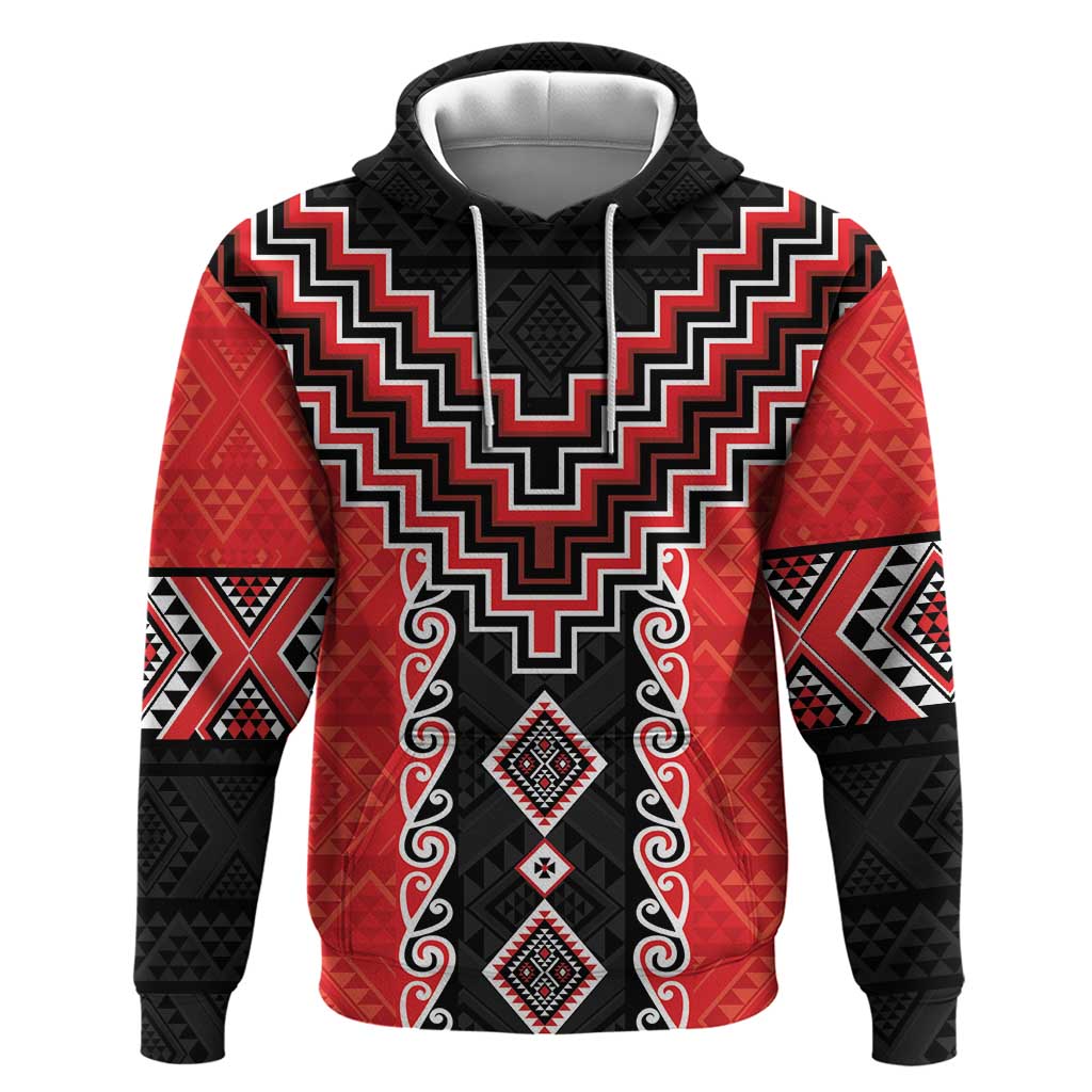 Red Niho Taniwha Mix Poutama Zip Hoodie Unique Taniko Aotearoa LT01 Pullover Hoodie Red - Polynesian Pride