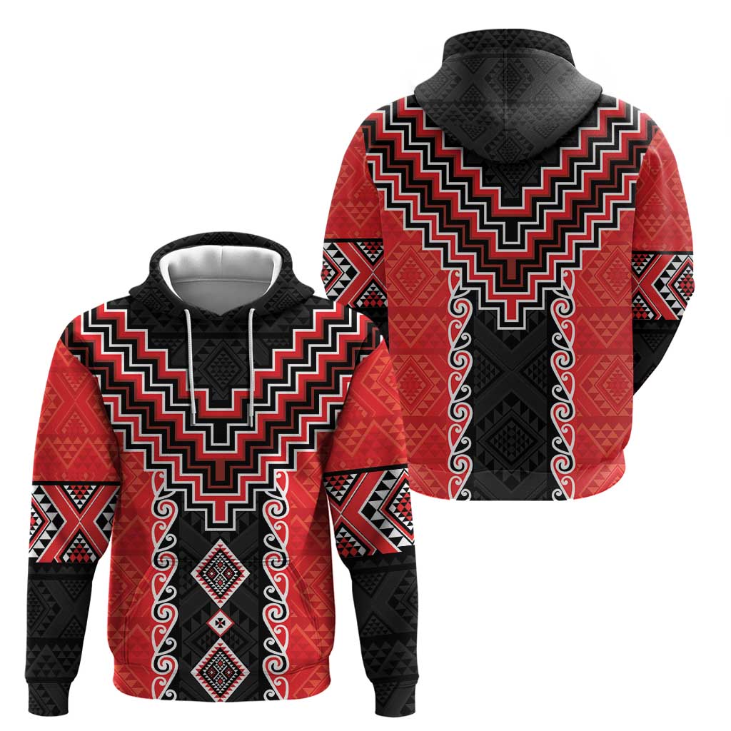 Red Niho Taniwha Mix Poutama Zip Hoodie Unique Taniko Aotearoa LT01 - Polynesian Pride