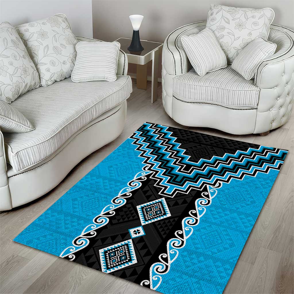 Sky Blue Niho Taniwha Mix Poutama Area Rug Unique Taniko Aotearoa