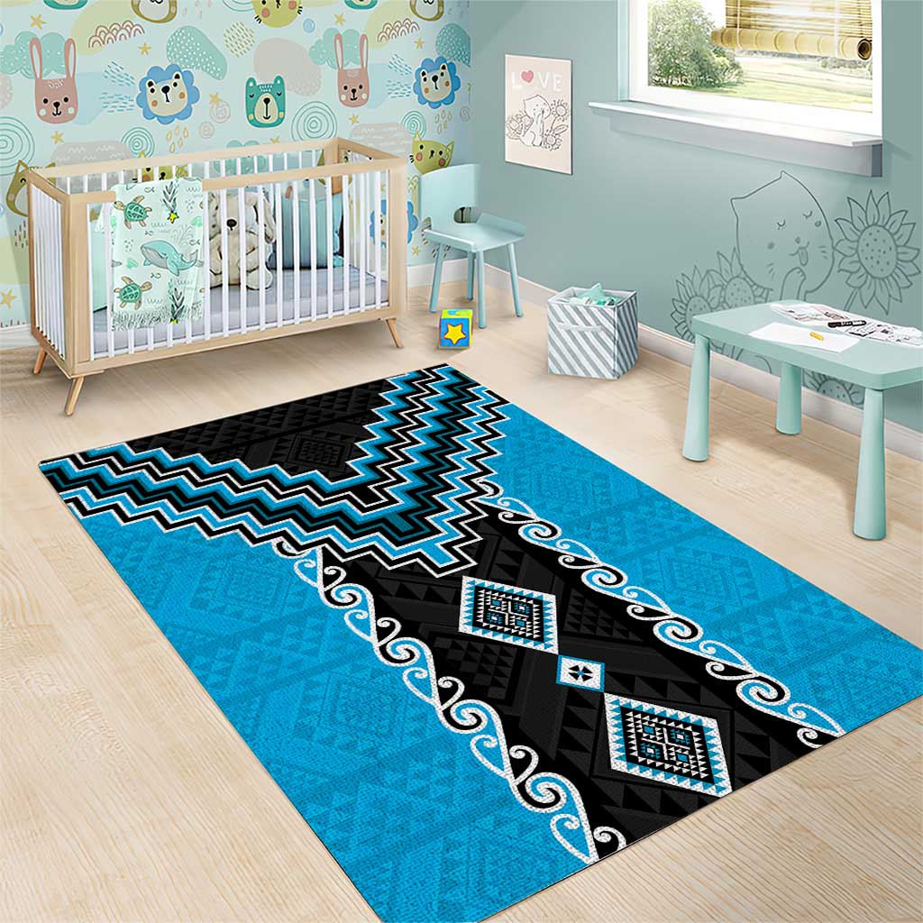 Sky Blue Niho Taniwha Mix Poutama Area Rug Unique Taniko Aotearoa