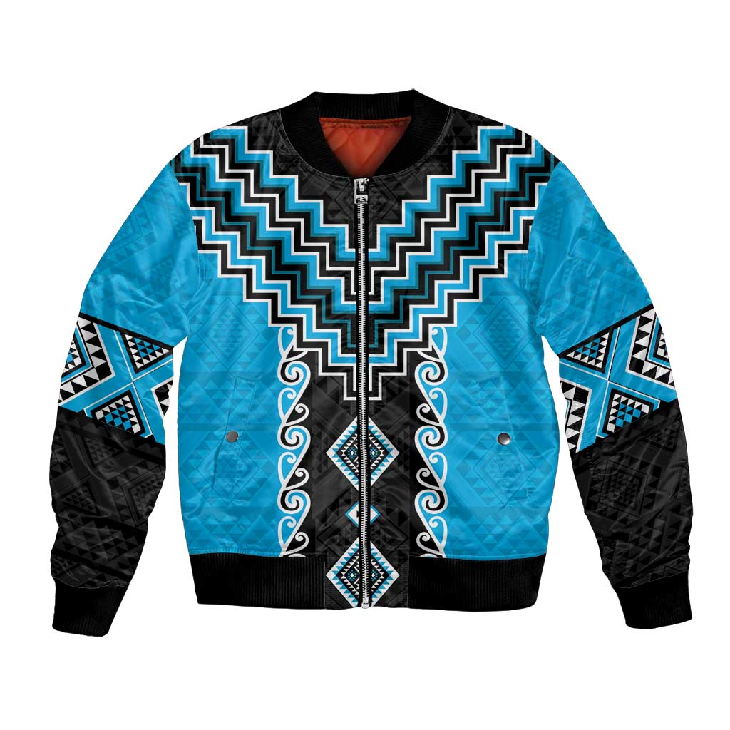 Sky Blue Niho Taniwha Mix Poutama Bomber Jacket Unique Taniko Aotearoa LT01 Unisex Sky Blue - Polynesian Pride