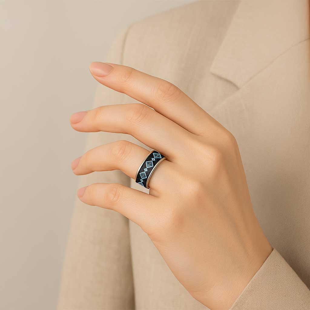 Sky Blue Niho Taniwha Mix Poutama Classic Ring Unique Taniko Aotearoa - Polynesian Pride