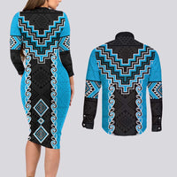 Sky Blue Niho Taniwha Mix Poutama Couples Matching Long Sleeve Bodycon Dress and Long Sleeve Button Shirt Unique Taniko Aotearoa