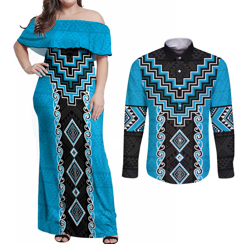Sky Blue Niho Taniwha Mix Poutama Couples Matching Off Shoulder Maxi Dress and Long Sleeve Button Shirt Unique Taniko Aotearoa