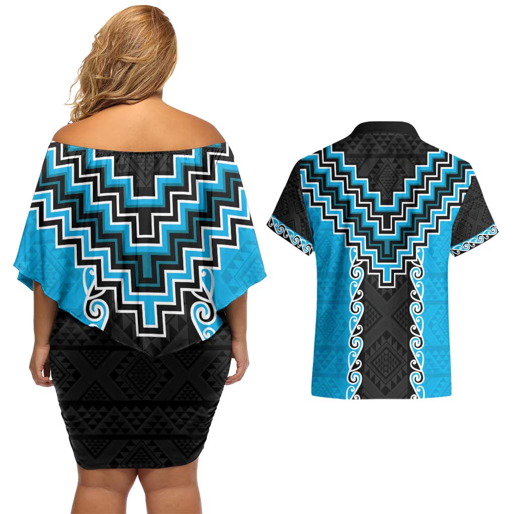 Sky Blue Niho Taniwha Mix Poutama Couples Matching Off Shoulder Short Dress and Hawaiian Shirt Unique Taniko Aotearoa