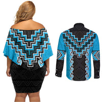 Sky Blue Niho Taniwha Mix Poutama Couples Matching Off Shoulder Short Dress and Long Sleeve Button Shirt Unique Taniko Aotearoa