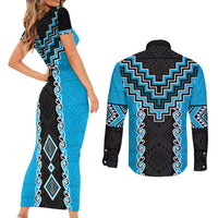 Sky Blue Niho Taniwha Mix Poutama Couples Matching Short Sleeve Bodycon Dress and Long Sleeve Button Shirt Unique Taniko Aotearoa