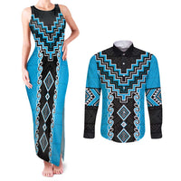 Sky Blue Niho Taniwha Mix Poutama Couples Matching Tank Maxi Dress and Long Sleeve Button Shirt Unique Taniko Aotearoa