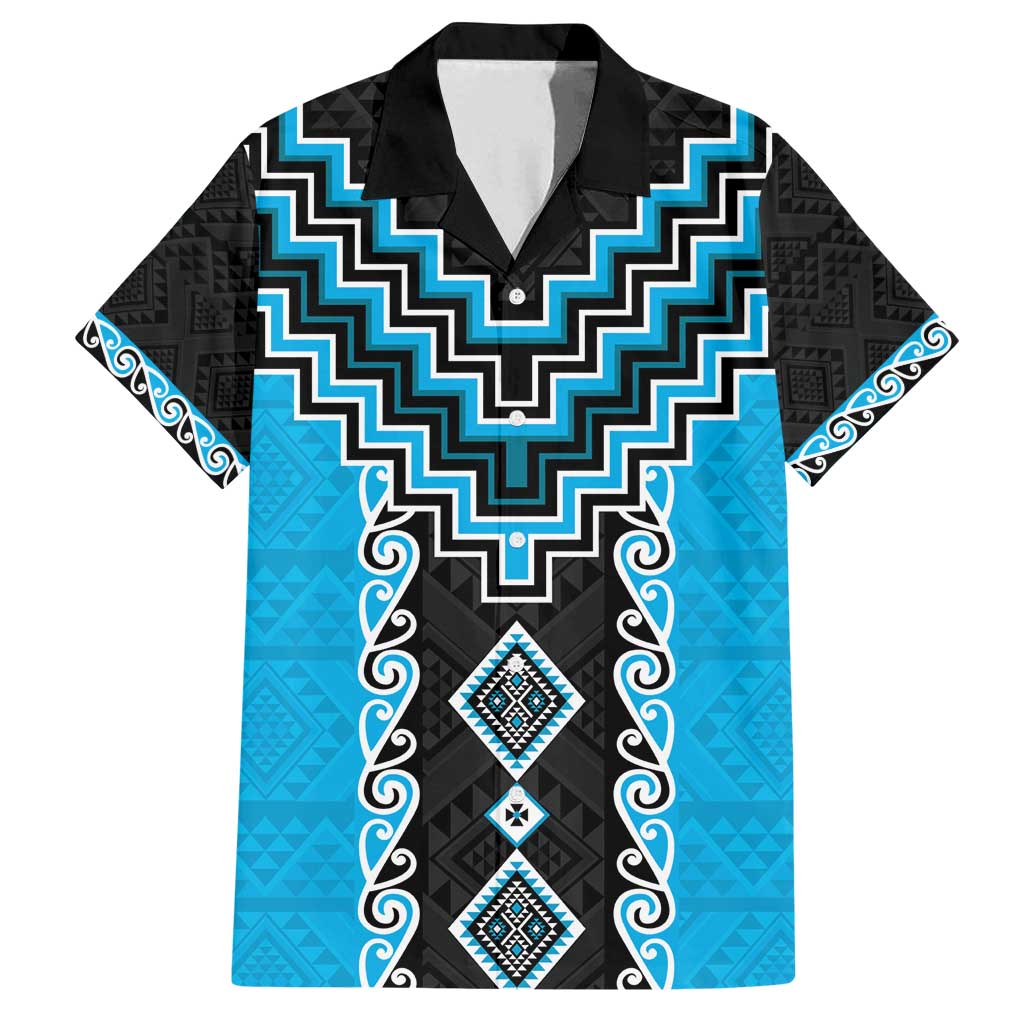 Sky Blue Niho Taniwha Mix Poutama Family Matching Long Sleeve Bodycon Dress and Hawaiian Shirt Unique Taniko Aotearoa